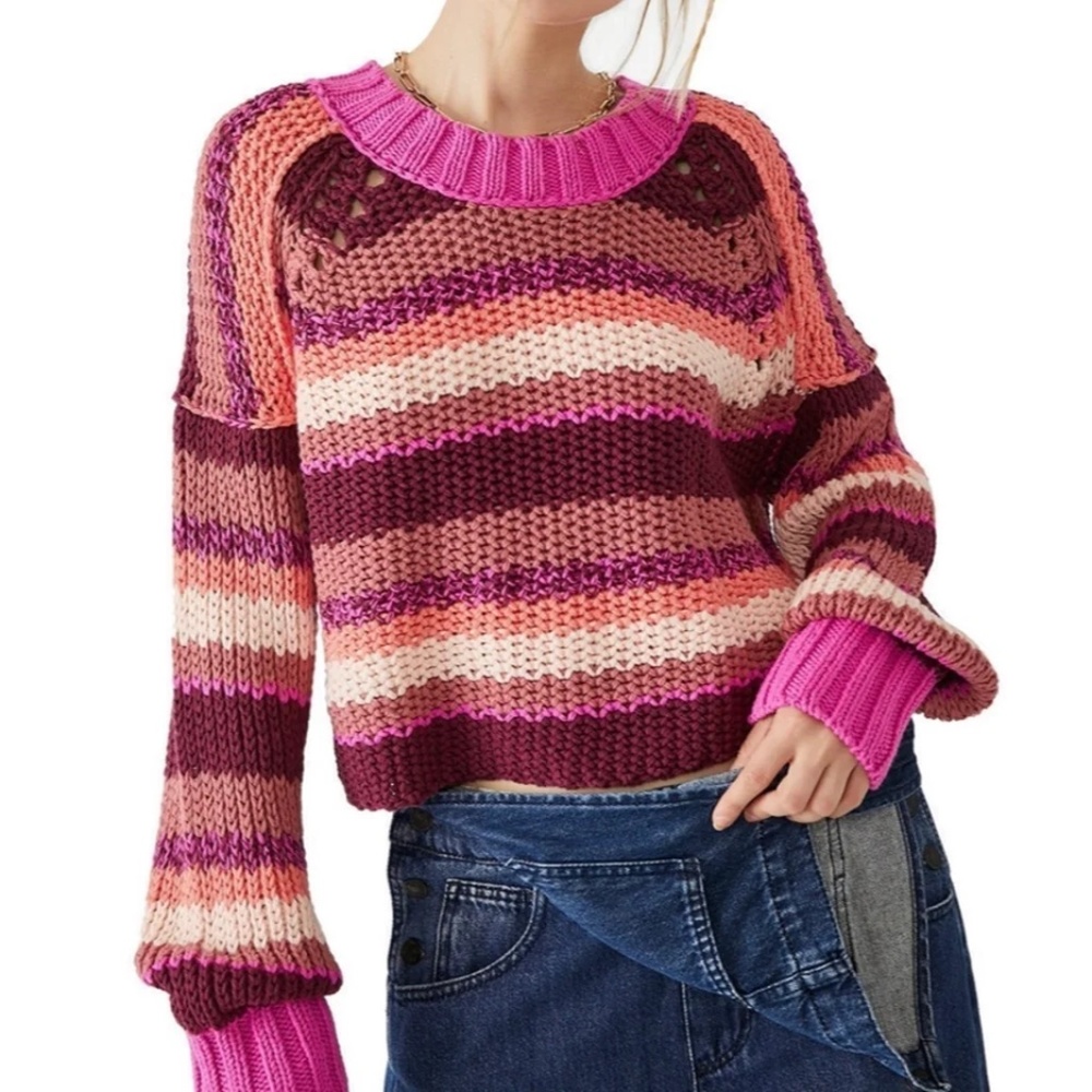 💖NWT Free People Devon Fuschia Rose Combo Sweater Size S